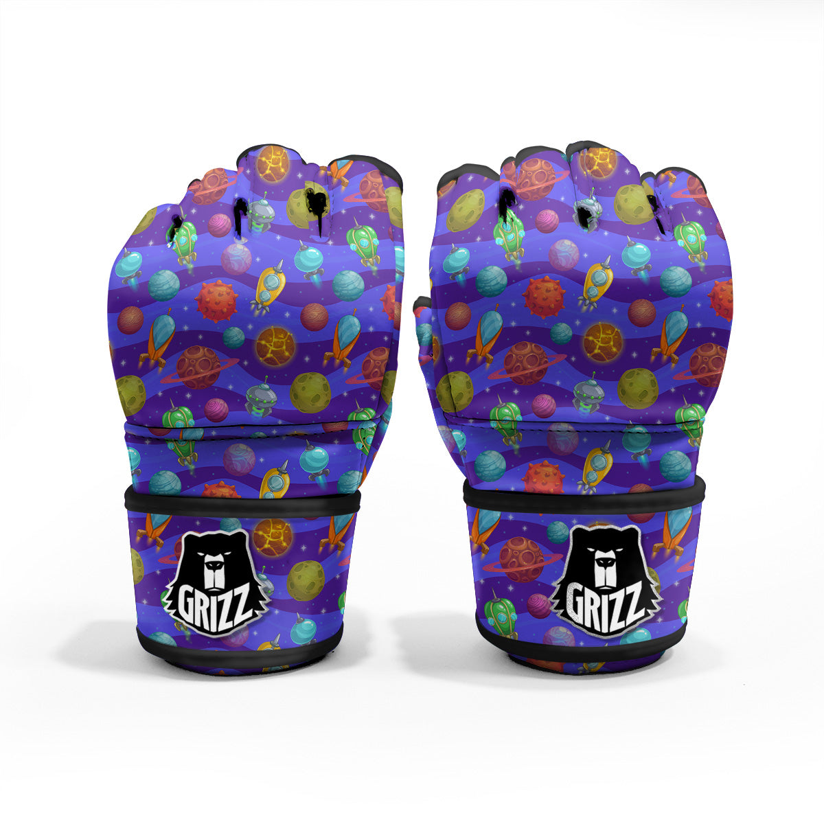 Cartoon Space Ships And Planets Print Pattern MMA Gloves-grizzshop