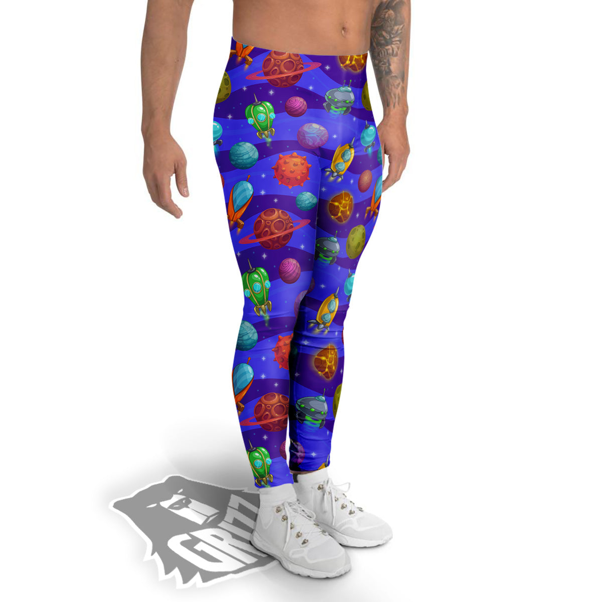 Cartoon Space Ships And Planets Print Pattern Men's Leggings-grizzshop