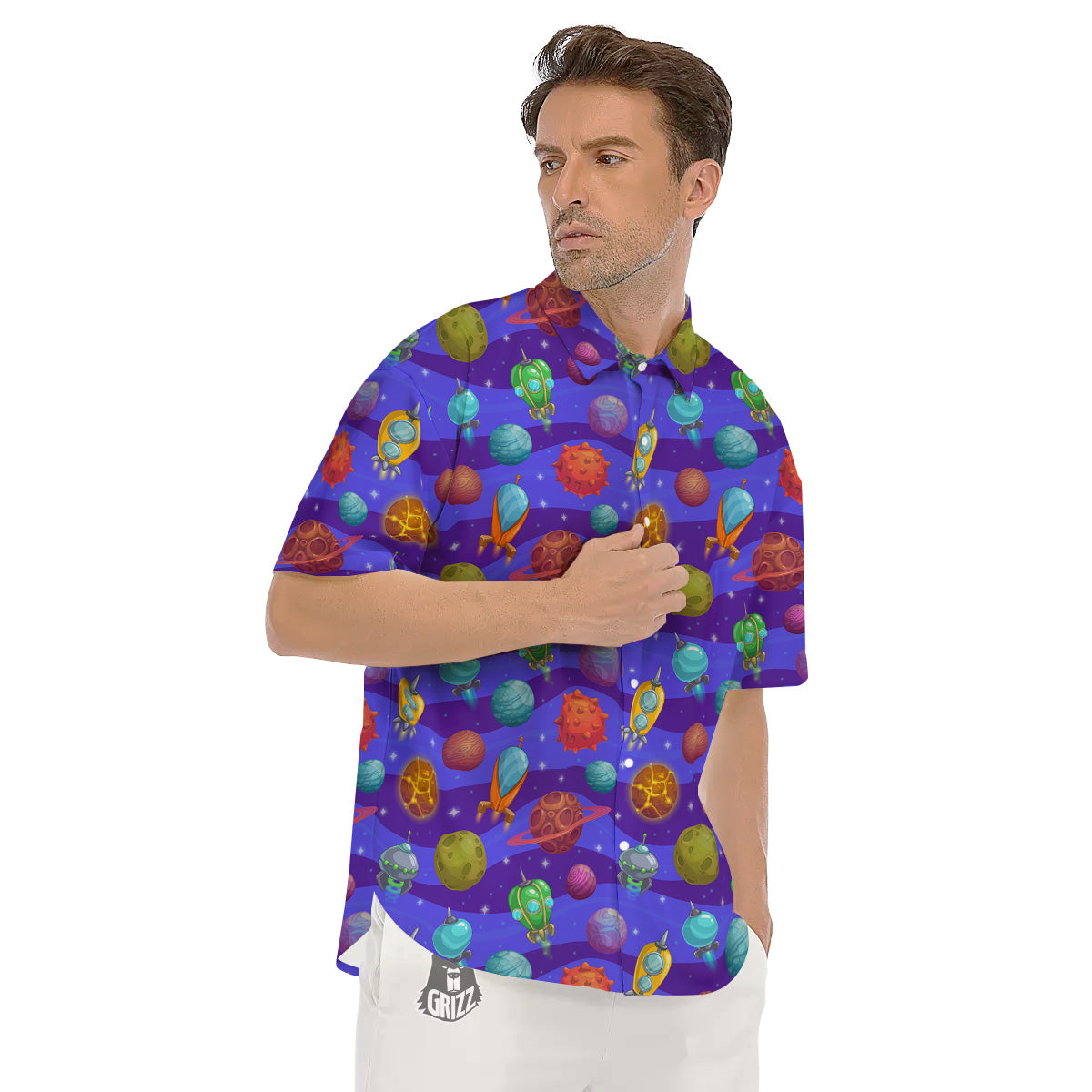 Cartoon Space Ships And Planets Print Pattern Men's Short Sleeve Shirts-grizzshop