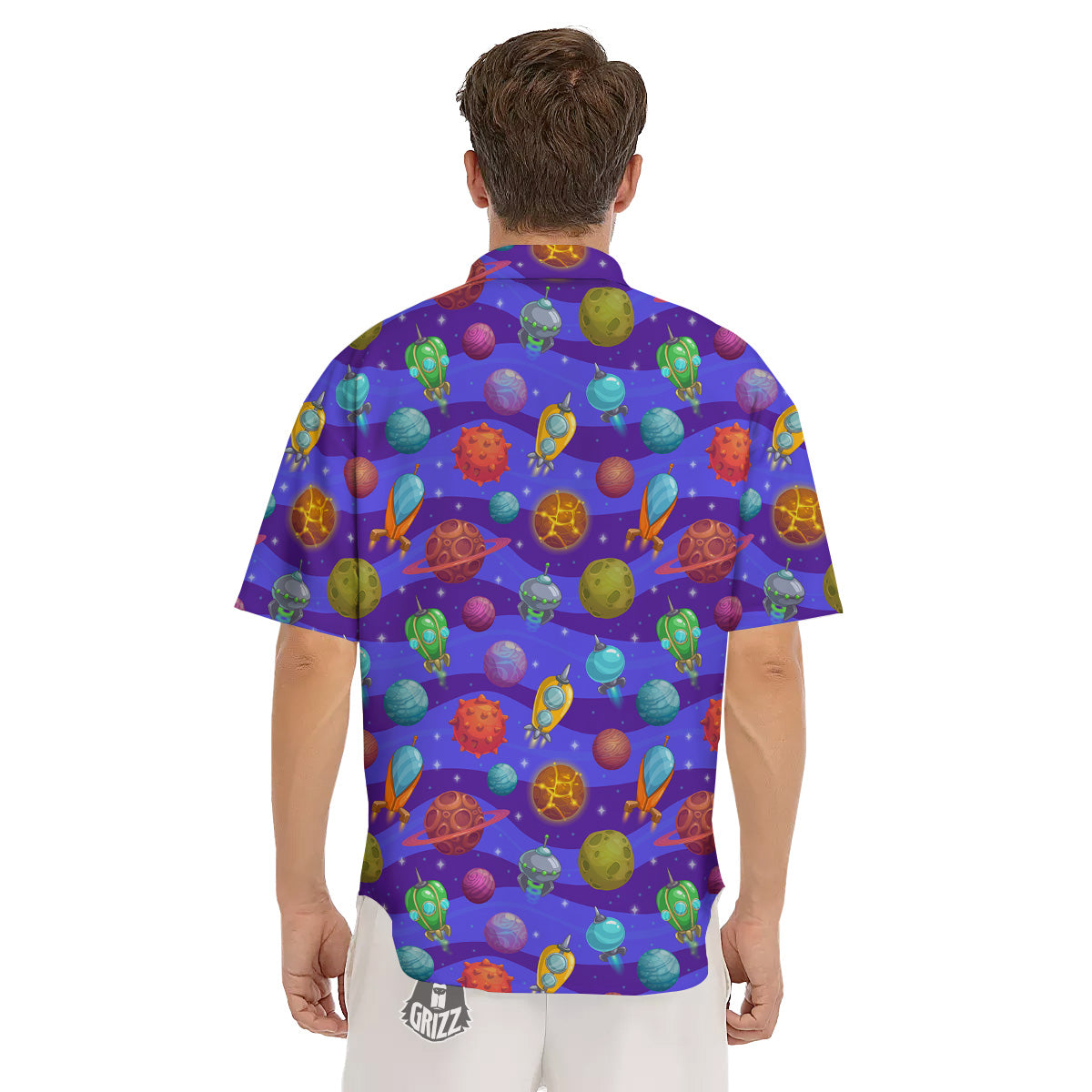 Cartoon Space Ships And Planets Print Pattern Men's Short Sleeve Shirts-grizzshop