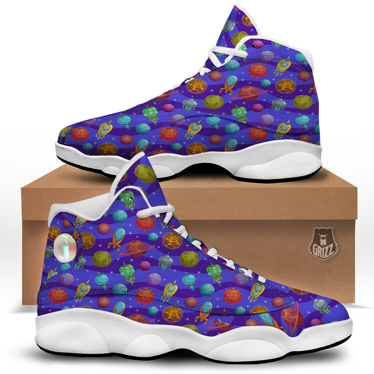 Cartoon Space Ships And Planets Print Pattern White Basketball Shoes-grizzshop
