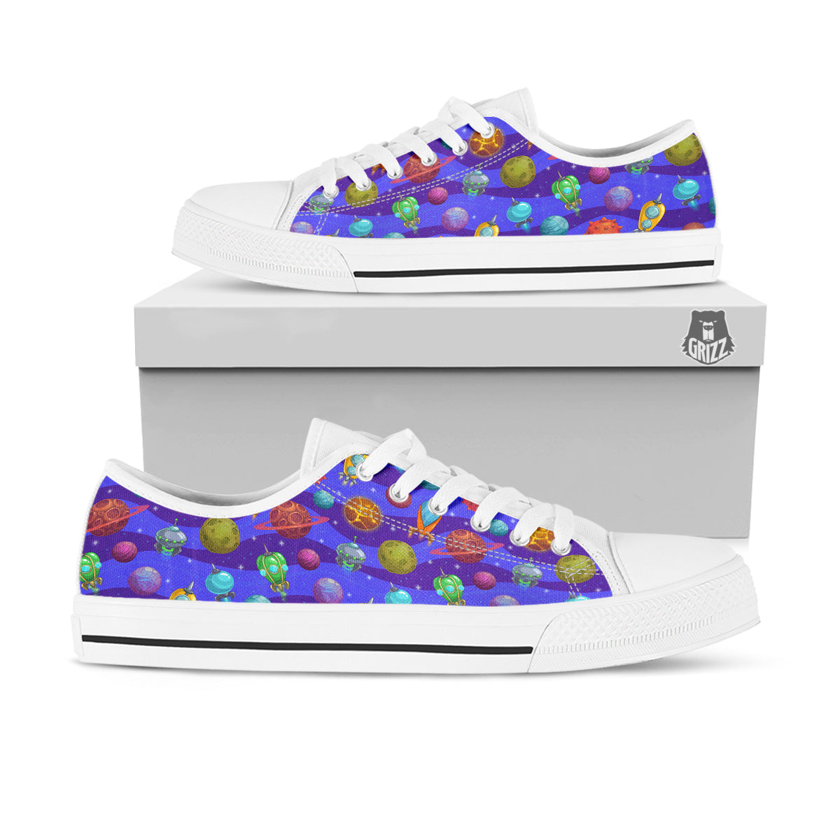 Cartoon Space Ships And Planets Print Pattern White Low Top Shoes-grizzshop