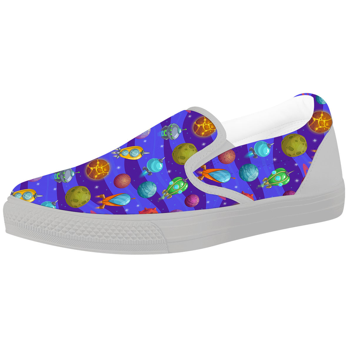 Cartoon Space Ships And Planets Print Pattern White Slip On Shoes-grizzshop