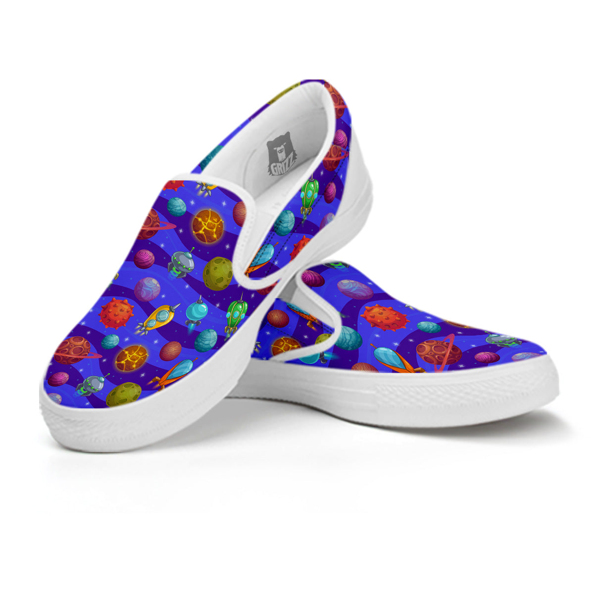 Cartoon Space Ships And Planets Print Pattern White Slip On Shoes-grizzshop