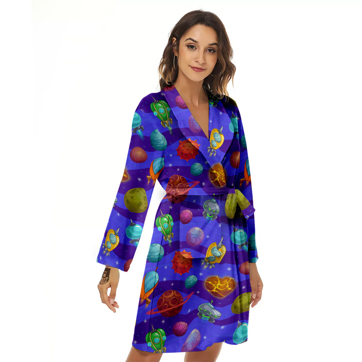 Cartoon Space Ships And Planets Print Pattern Women's Robe-grizzshop