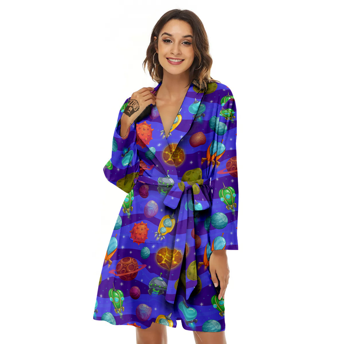 Cartoon Space Ships And Planets Print Pattern Women's Robe-grizzshop
