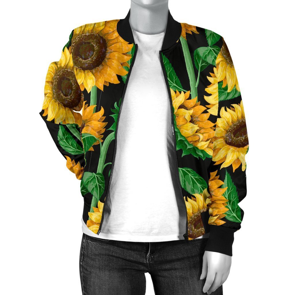 Cartoon Sunflower Pattern Print Women Casual Bomber Jacket-grizzshop