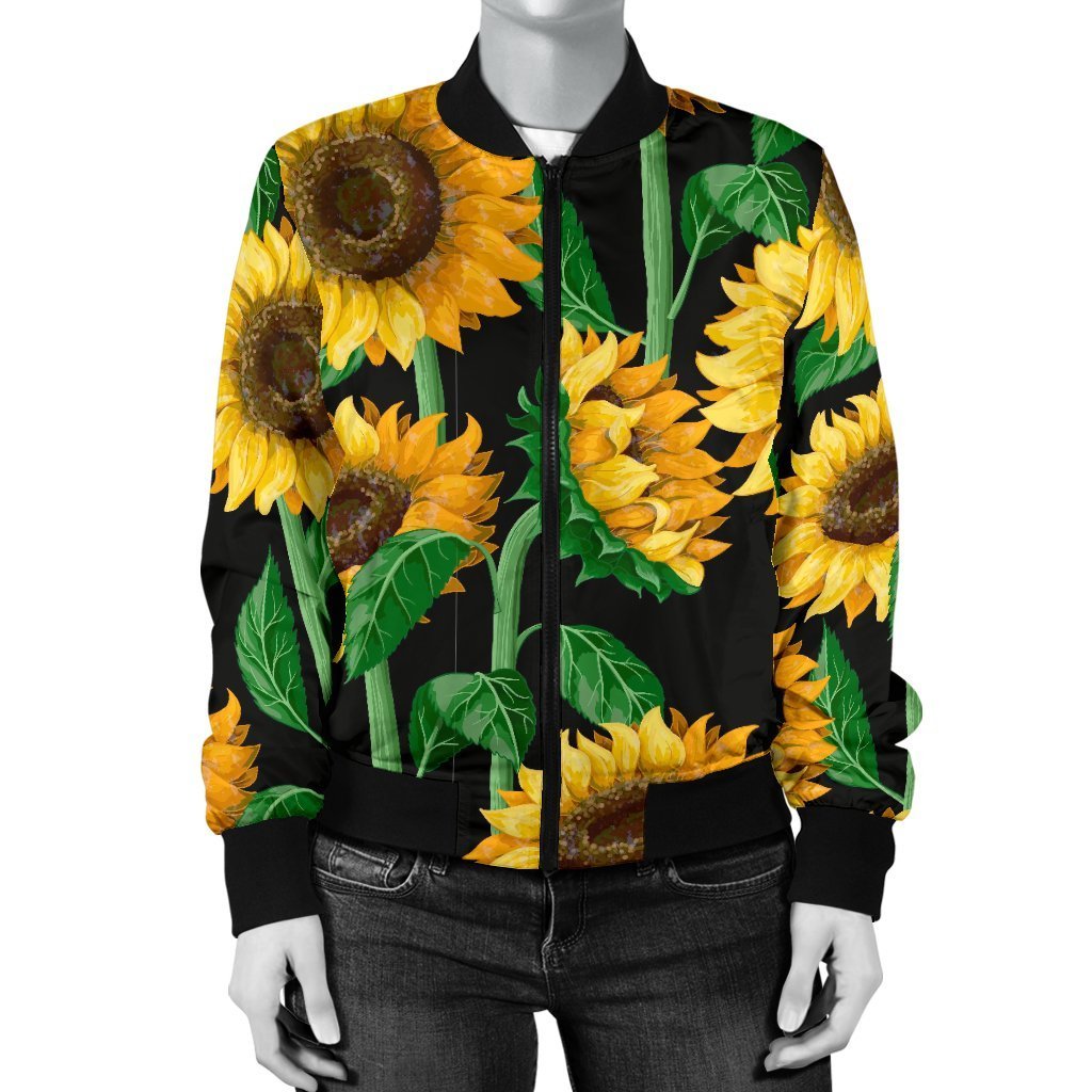 Cartoon Sunflower Pattern Print Women Casual Bomber Jacket-grizzshop