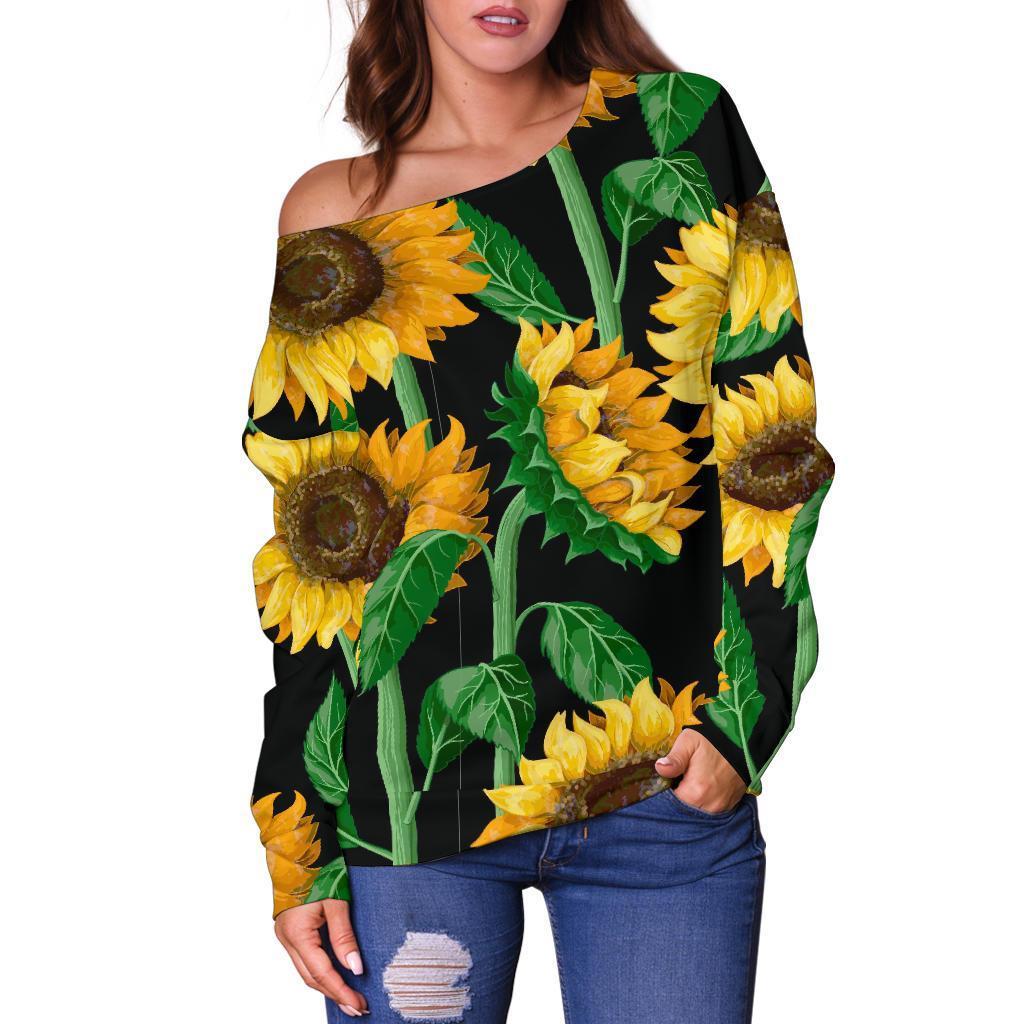 Cartoon Sunflower Pattern Print Women Off Shoulder Sweatshirt-grizzshop