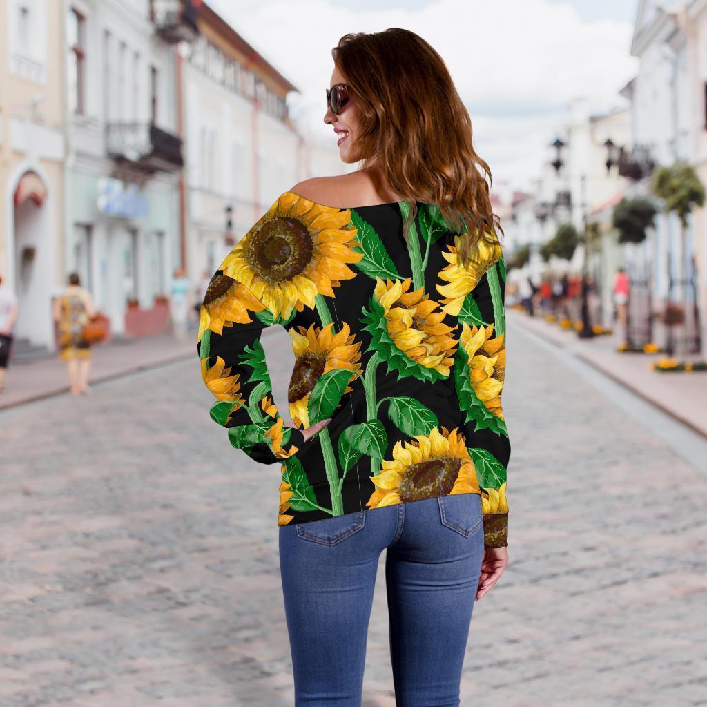 Cartoon Sunflower Pattern Print Women Off Shoulder Sweatshirt-grizzshop