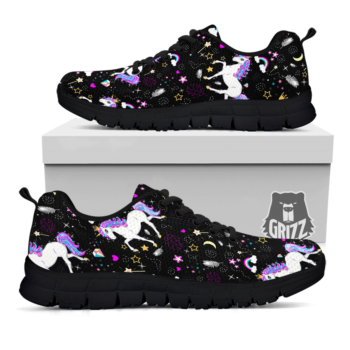 Cartoon Unicorn Dream Print Pattern Black Sneaker-grizzshop