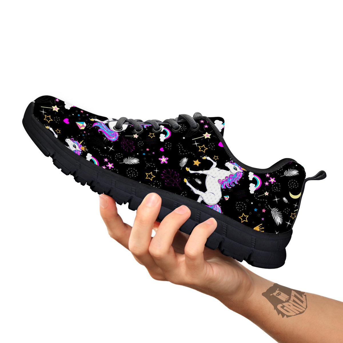 Cartoon Unicorn Dream Print Pattern Black Sneaker-grizzshop