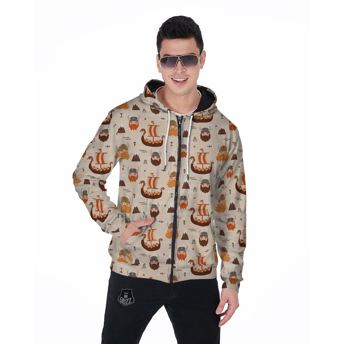 Cartoon Viking Norse Men's Zip Up Hoodie-grizzshop