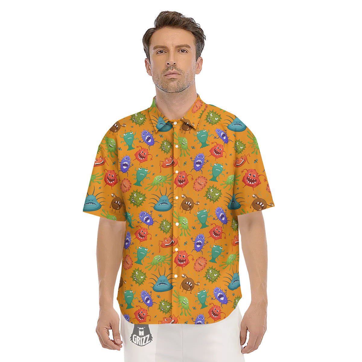 Cartoon Virus Print Pattern Men's Short Sleeve Shirts-grizzshop