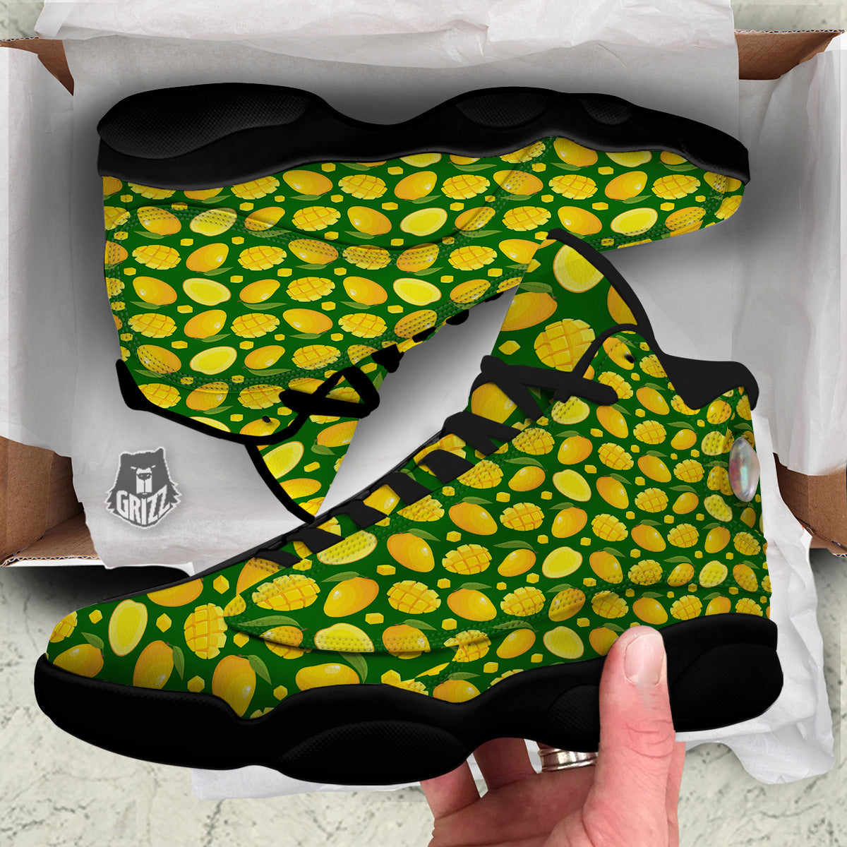 Cartoon Yellow Mango Slice Print Pattern Black Basketball Shoes-grizzshop