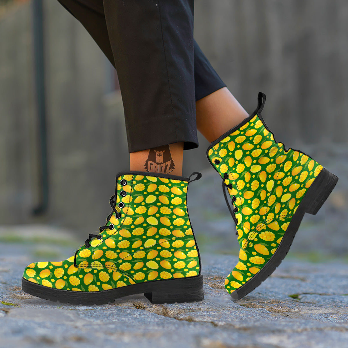 Cartoon Yellow Mango Slice Print Pattern Leather Boots-grizzshop