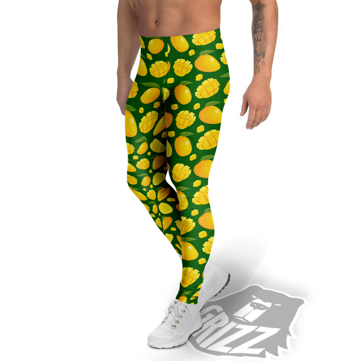 Cartoon Yellow Mango Slice Print Pattern Men's Leggings-grizzshop