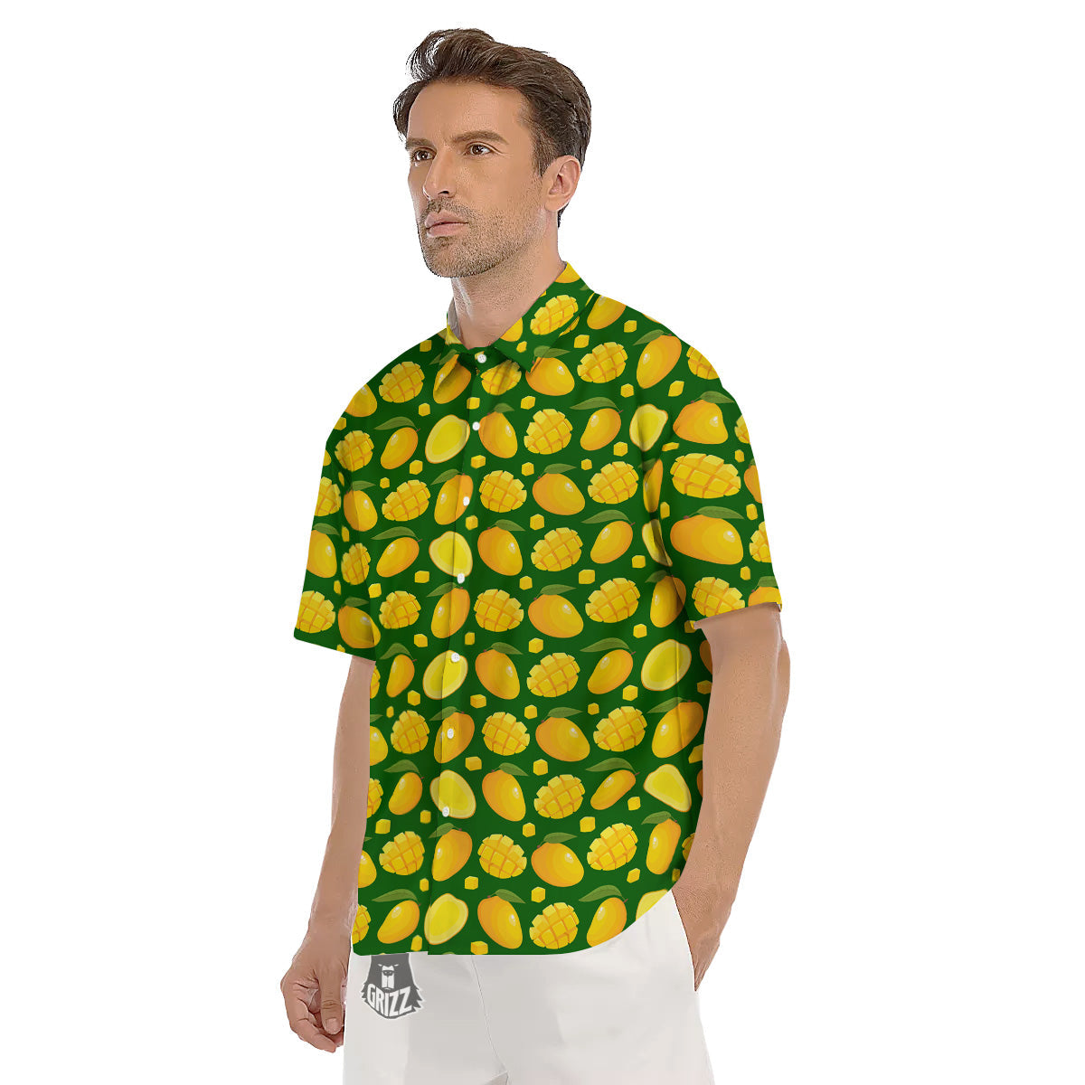 Cartoon Yellow Mango Slice Print Pattern Men's Short Sleeve Shirts-grizzshop