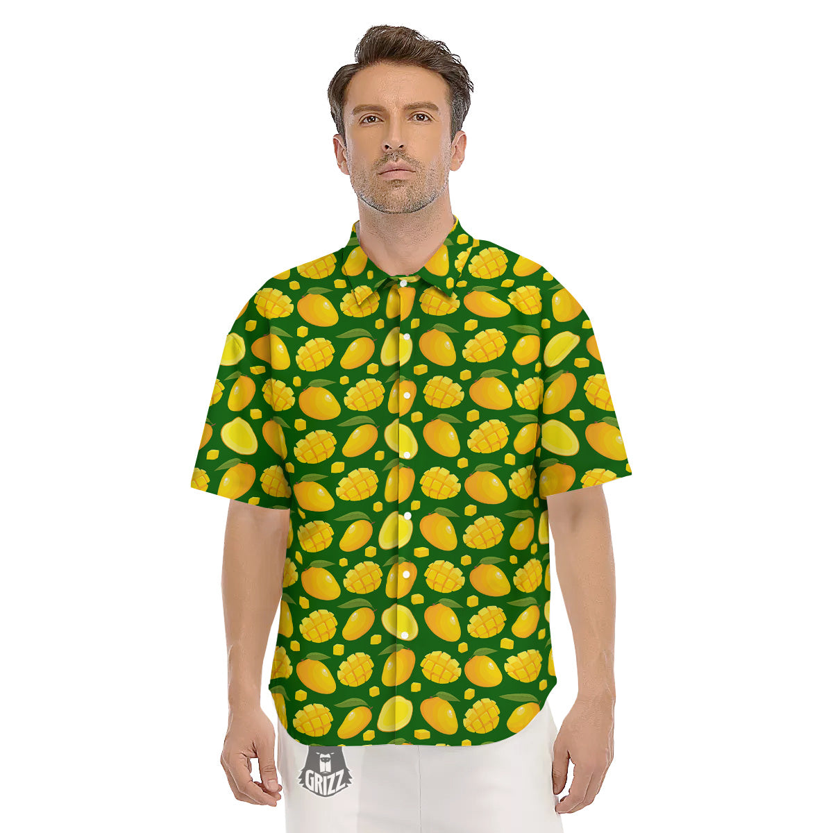 Cartoon Yellow Mango Slice Print Pattern Men's Short Sleeve Shirts-grizzshop