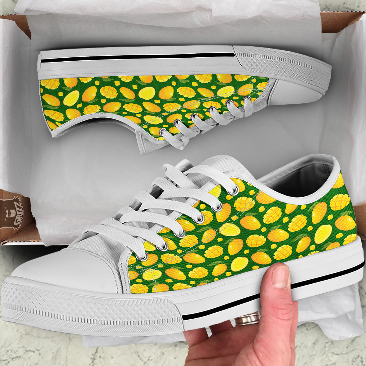 Cartoon Yellow Mango Slice Print Pattern White Low Top Shoes-grizzshop