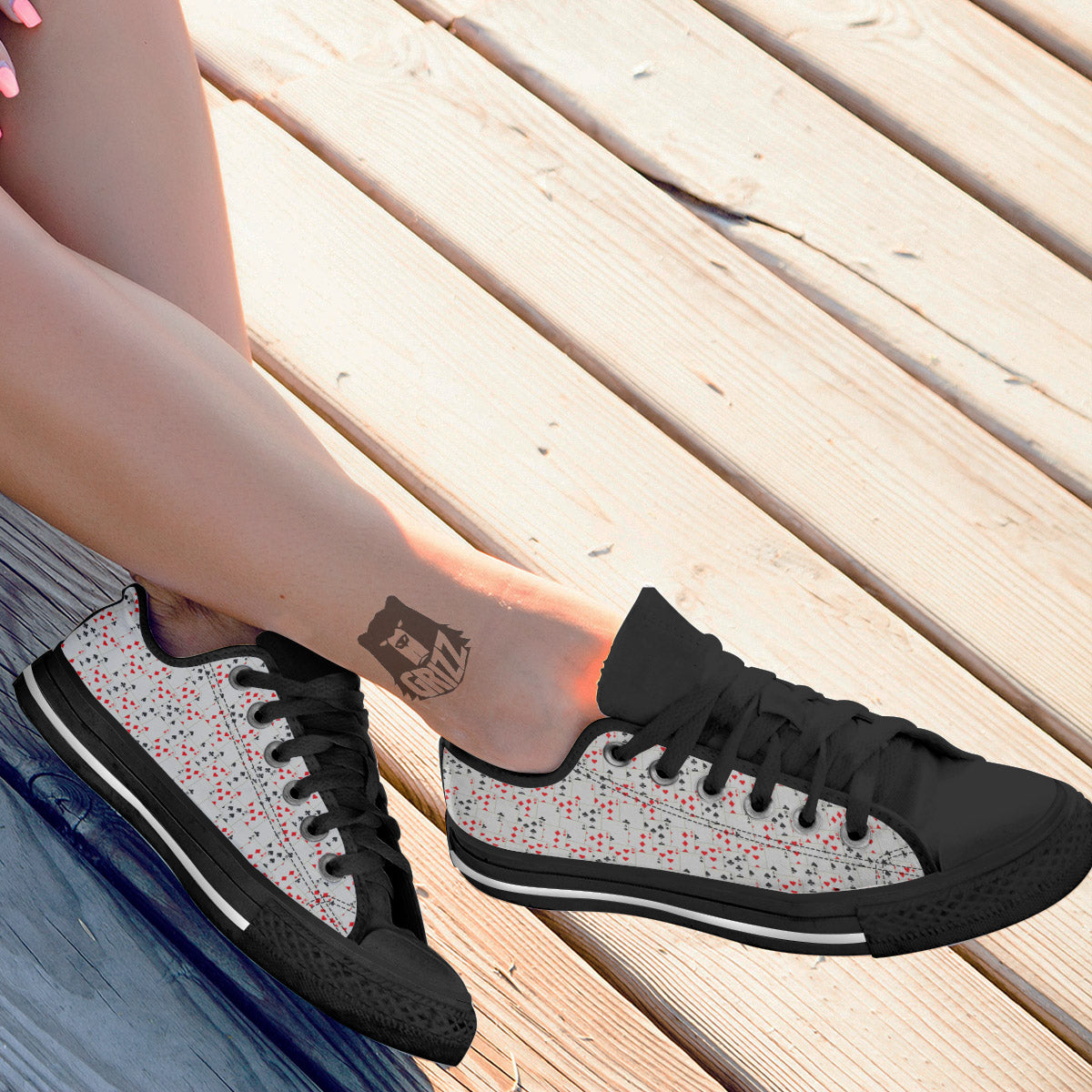 Casino Card Cartoon Print Pattern Black Low Top Shoes-grizzshop