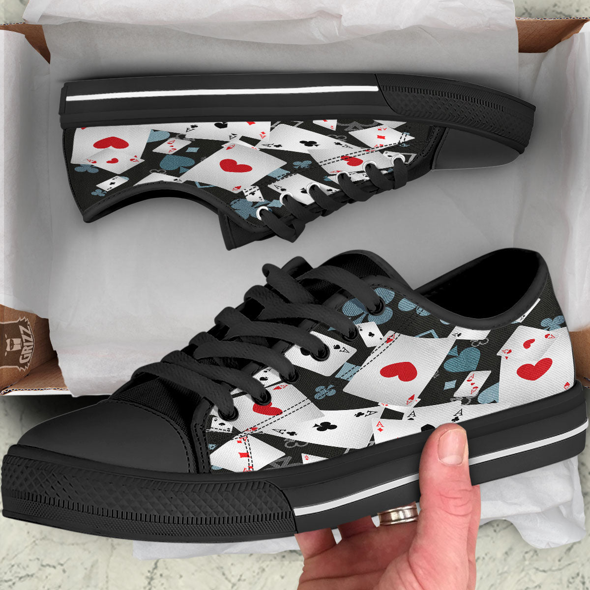 Casino Card Falling Print Black Low Top Shoes-grizzshop