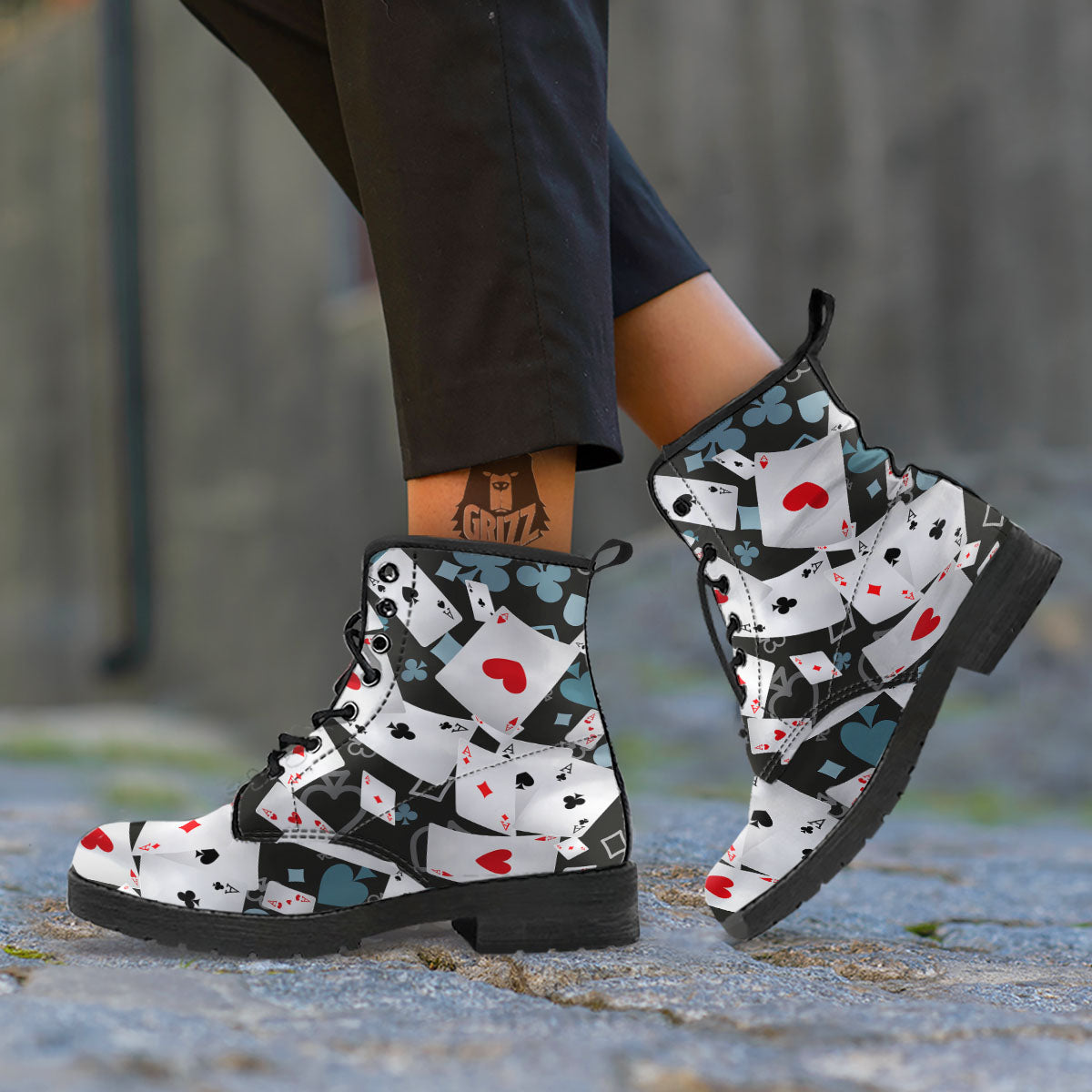 Casino Card Falling Print Leather Boots-grizzshop