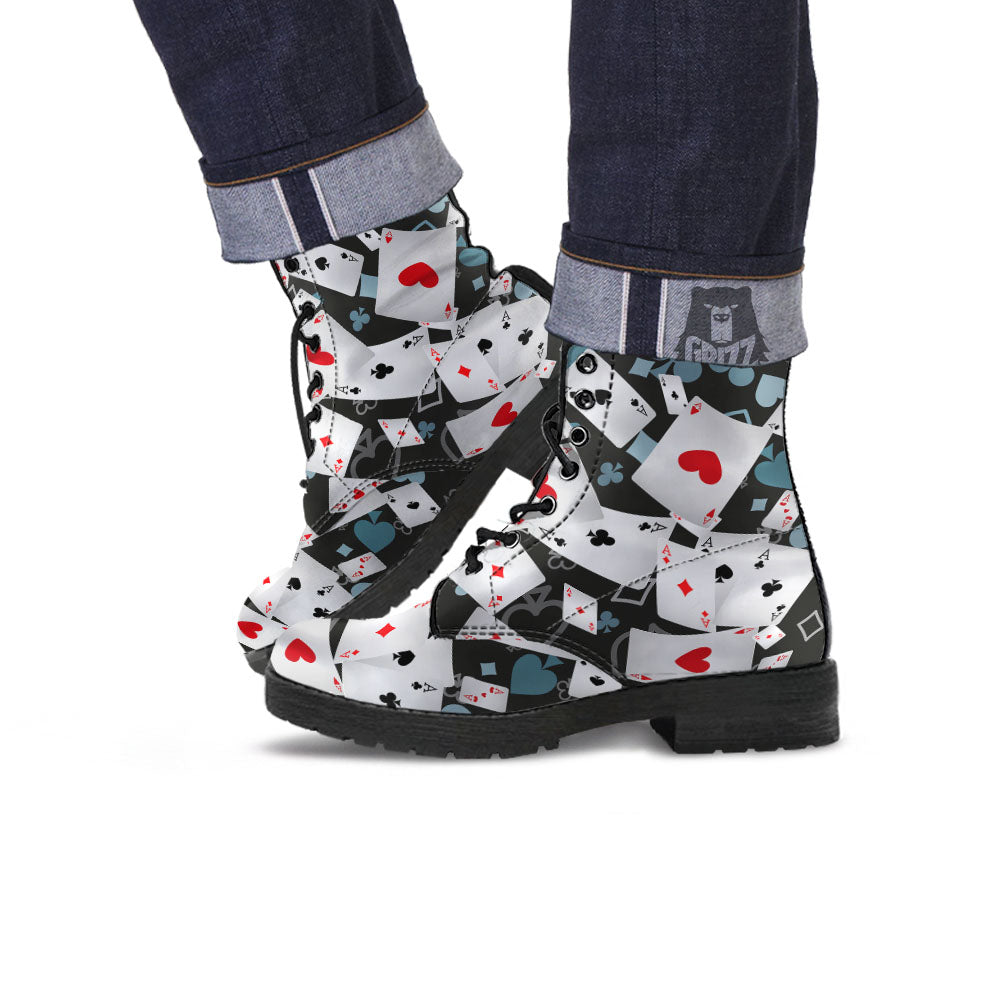 Casino Card Falling Print Leather Boots-grizzshop