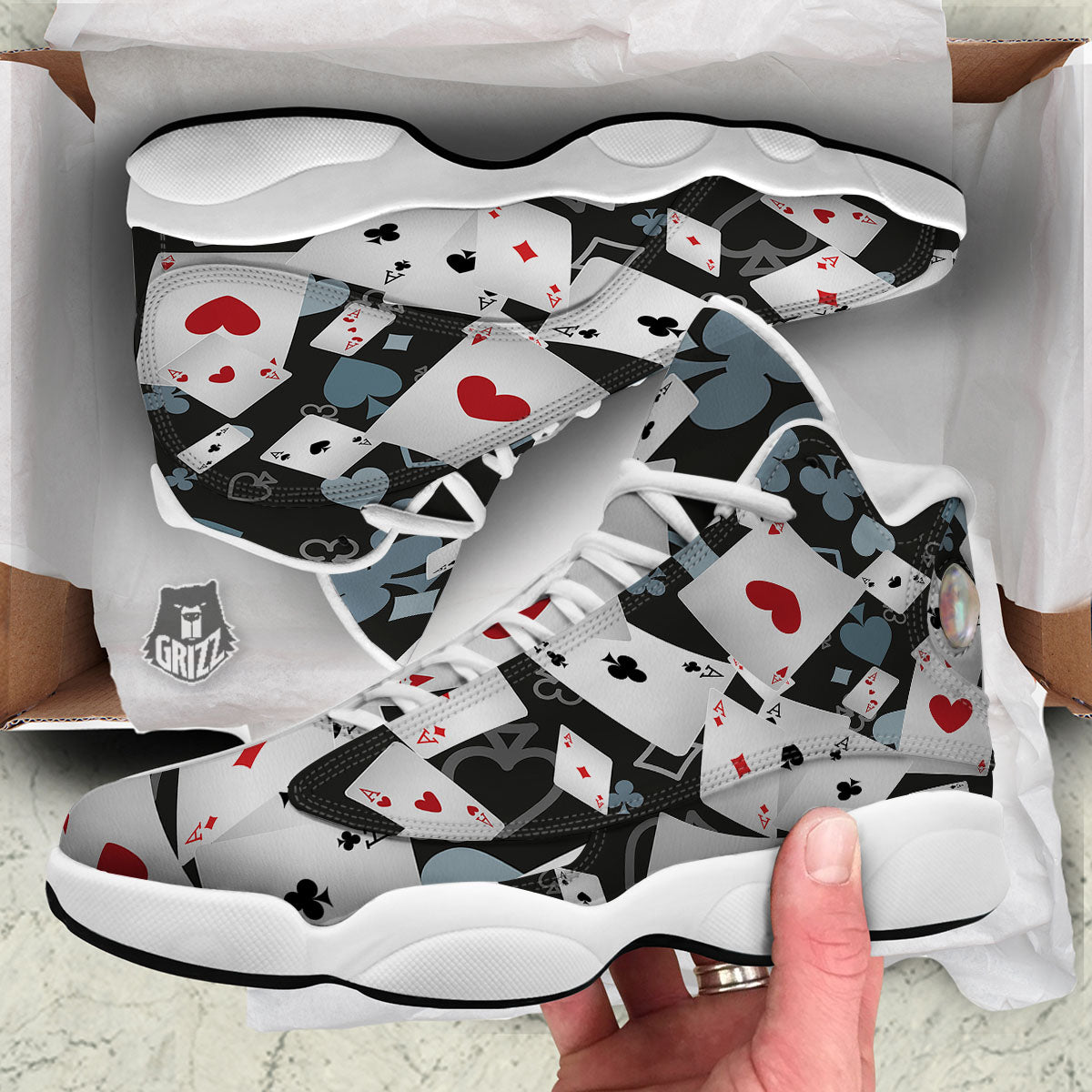 Casino Card Falling Print White Basketball Shoes-grizzshop