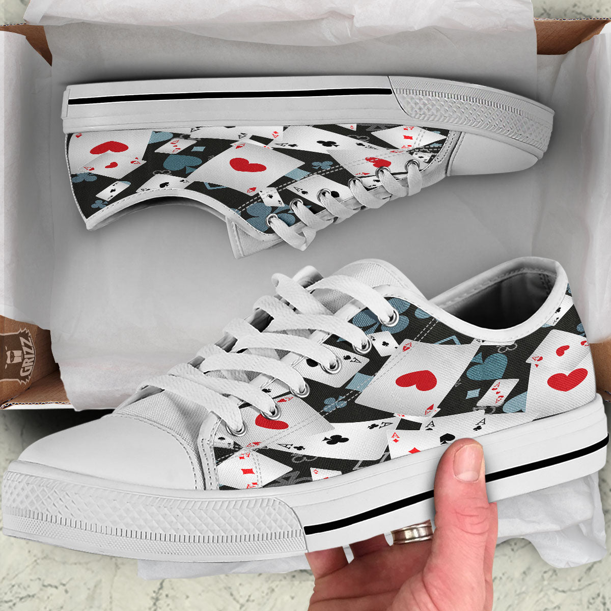 Casino Card Falling Print White Low Top Shoes-grizzshop