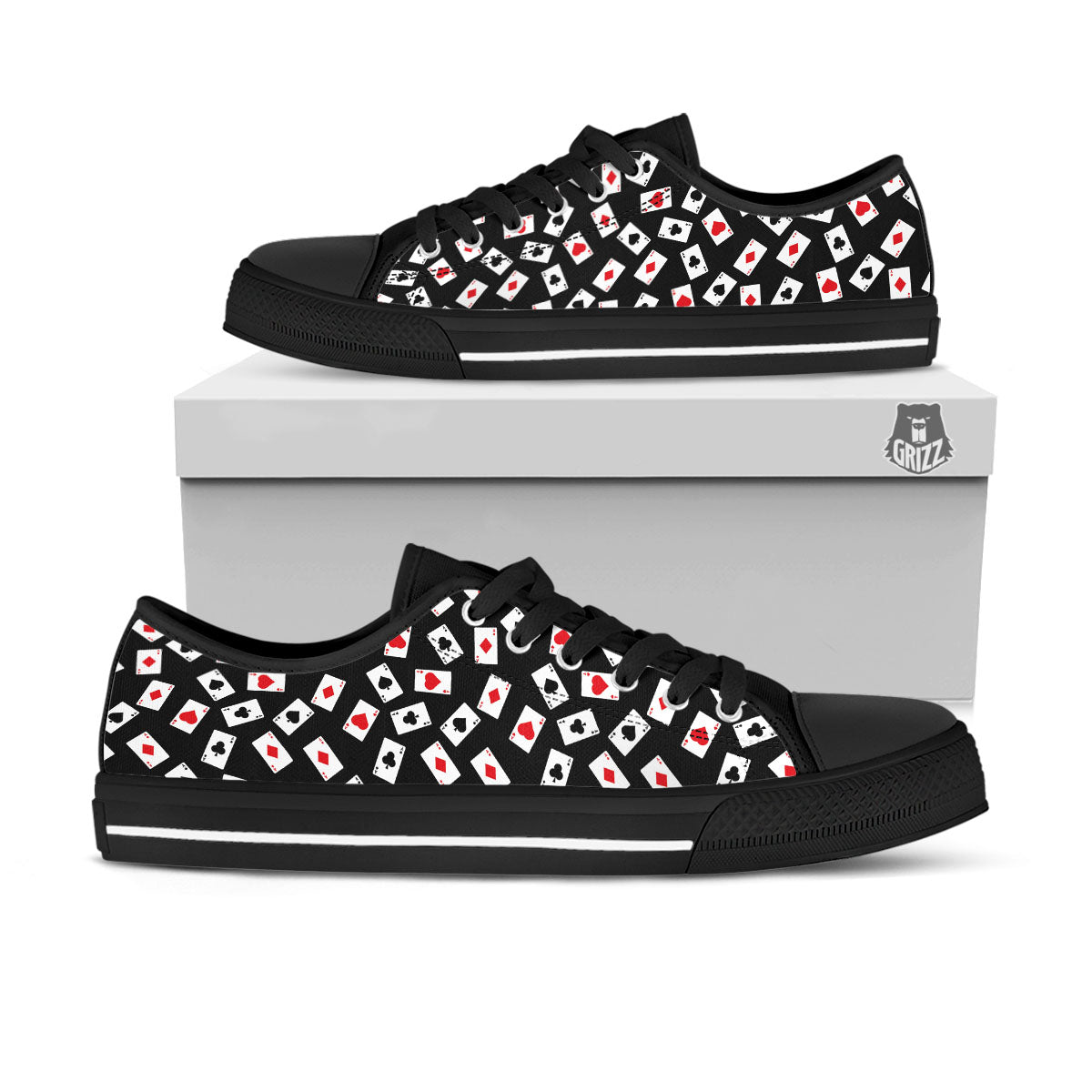 Casino Card Red And Black Print Pattern Black Low Top Shoes-grizzshop