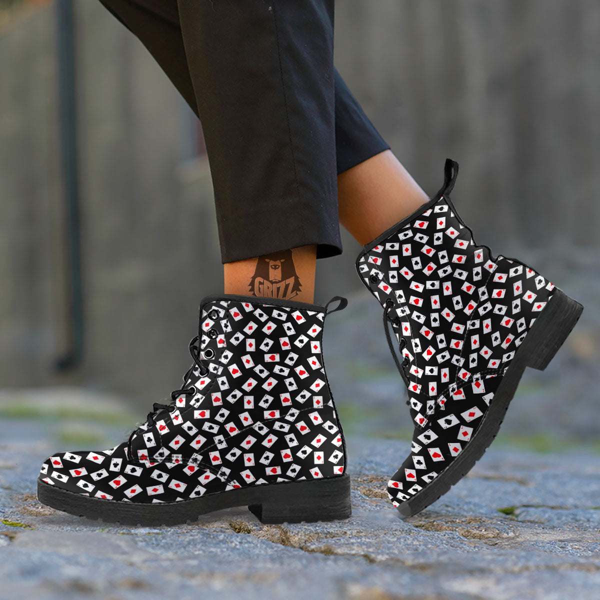 Casino Card Red And Black Print Pattern Leather Boots-grizzshop