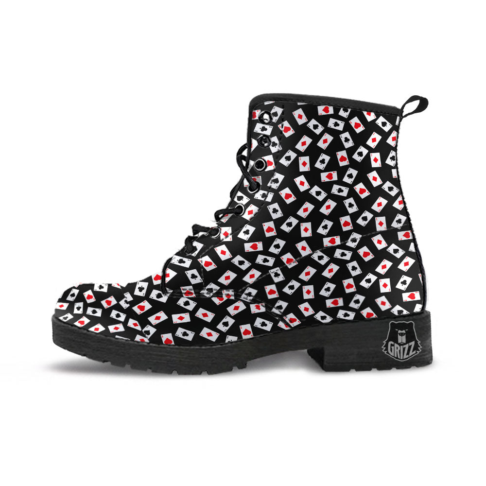 Casino Card Red And Black Print Pattern Leather Boots-grizzshop