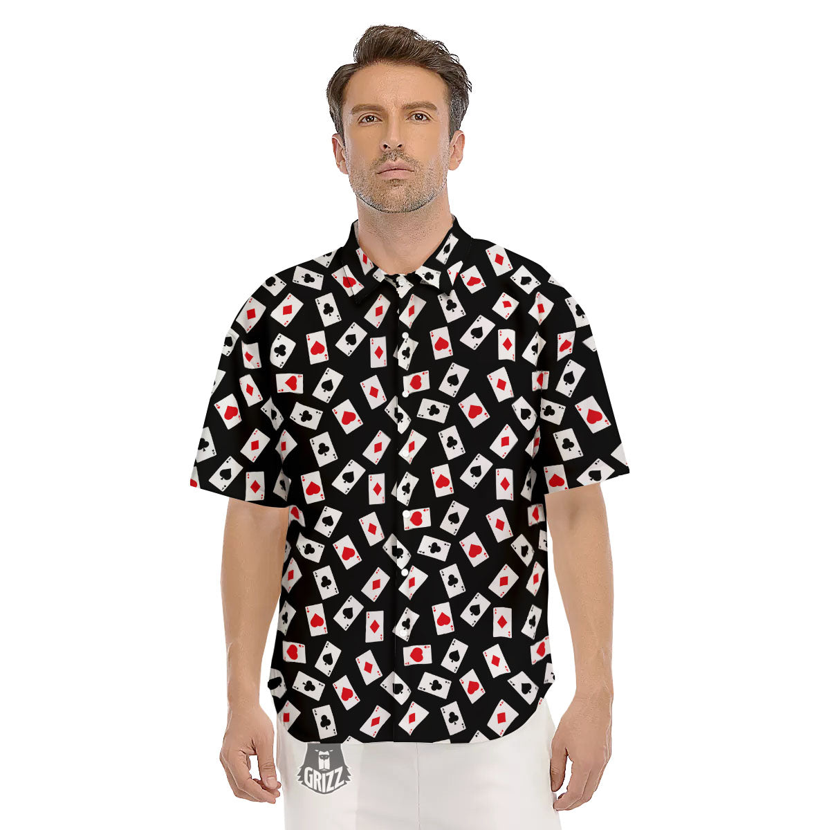 Casino Card Red And Black Print Pattern Men's Short Sleeve Shirts-grizzshop