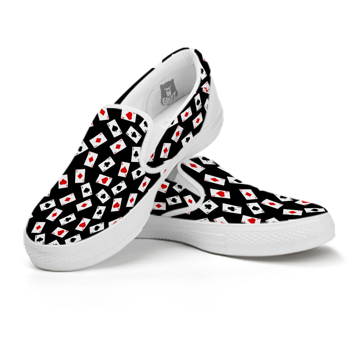 Casino Card Red And Black Print Pattern White Slip On Shoes-grizzshop