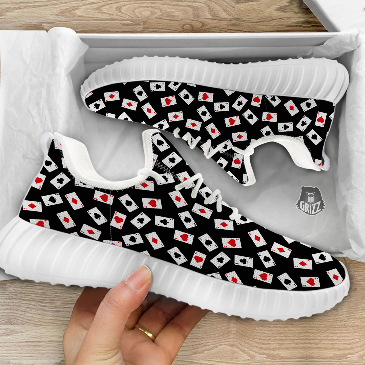 Casino Card Red And Black Print Pattern White Walking Shoes-grizzshop