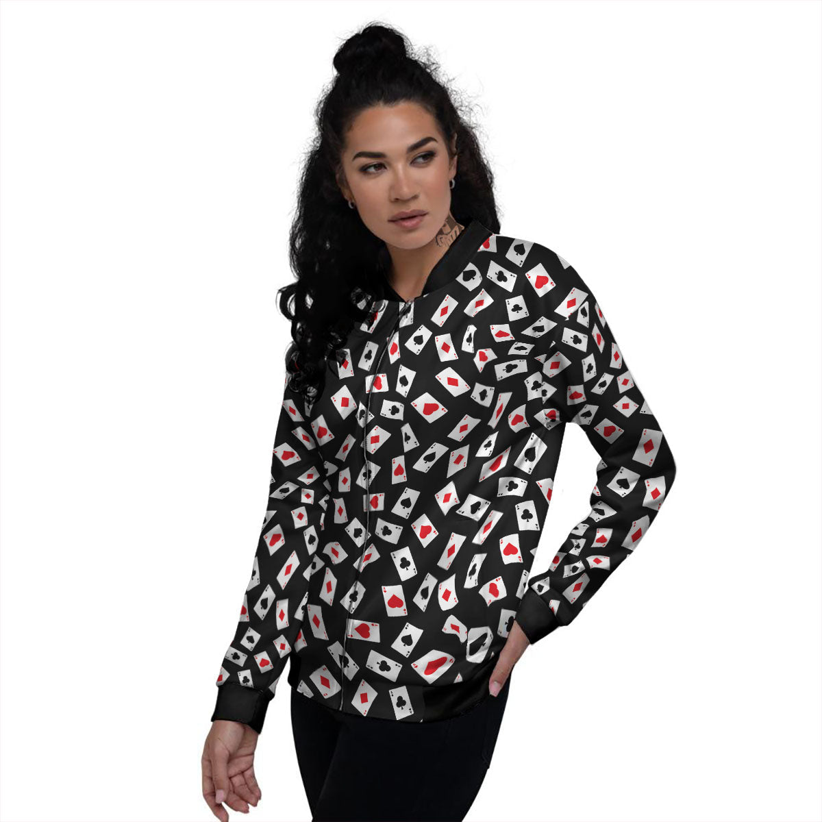 Casino Card Red And Black Print Pattern Women's Bomber Jacket-grizzshop