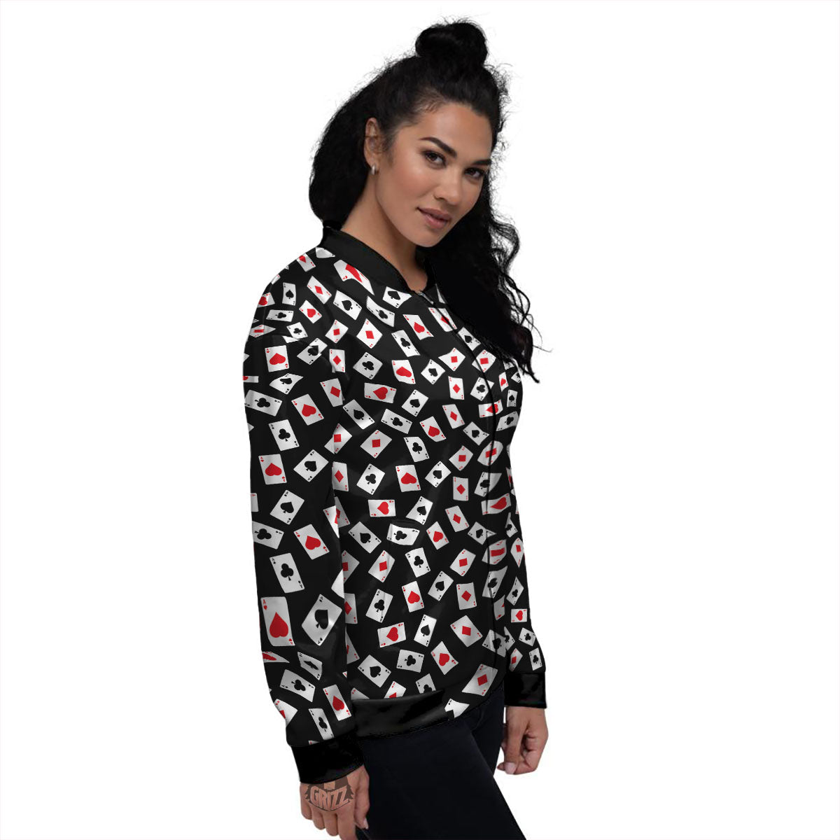 Casino Card Red And Black Print Pattern Women's Bomber Jacket-grizzshop