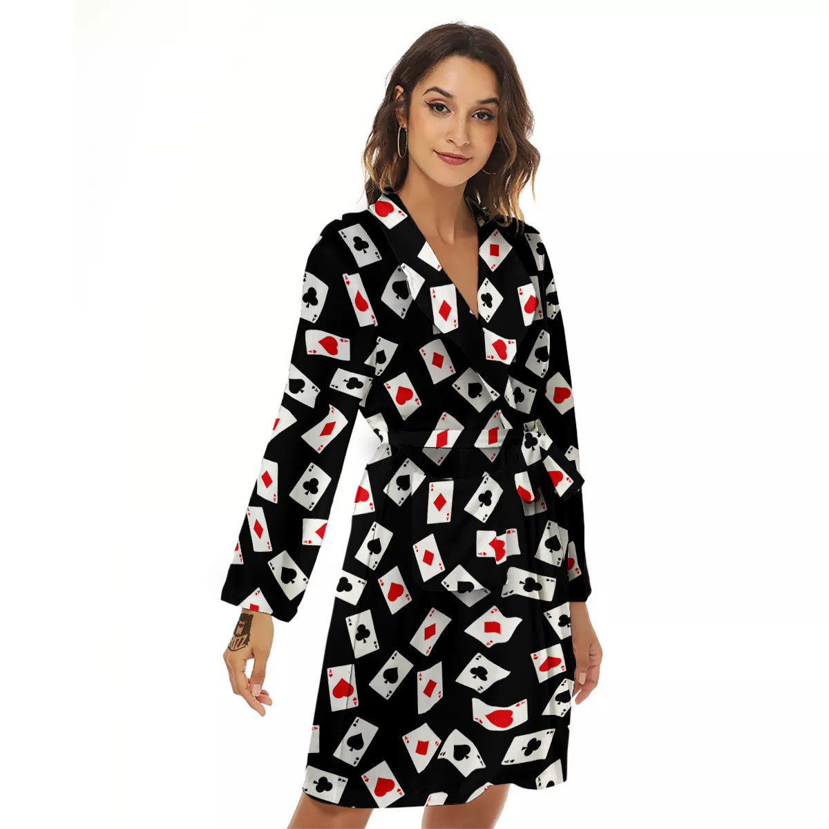 Casino Card Red And Black Print Pattern Women's Robe-grizzshop