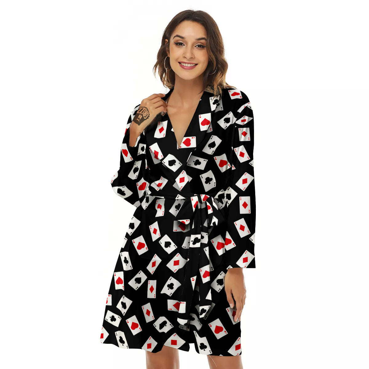 Casino Card Red And Black Print Pattern Women's Robe-grizzshop