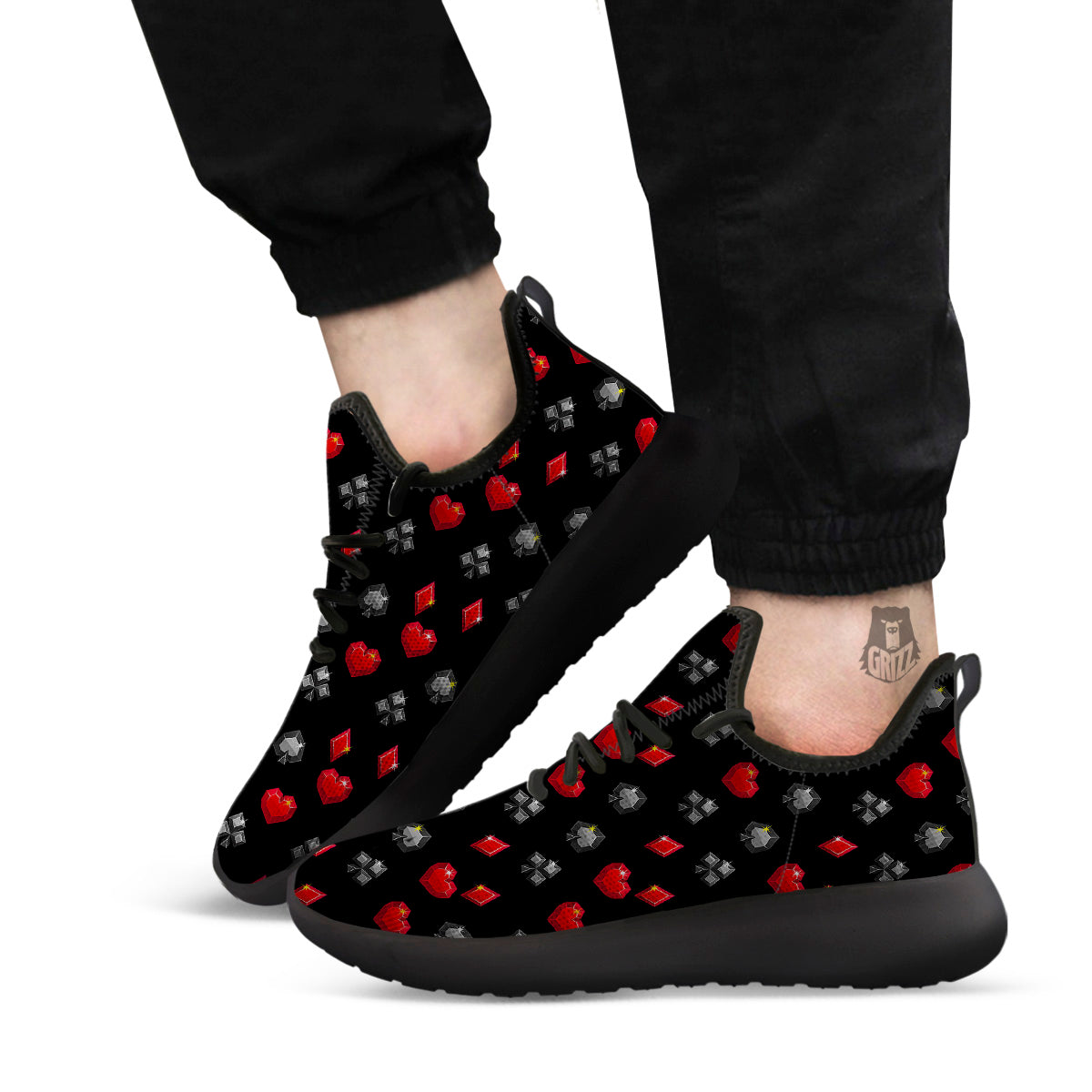 Casino Card Suits Red Black Print Pattern Black Athletic Shoes-grizzshop
