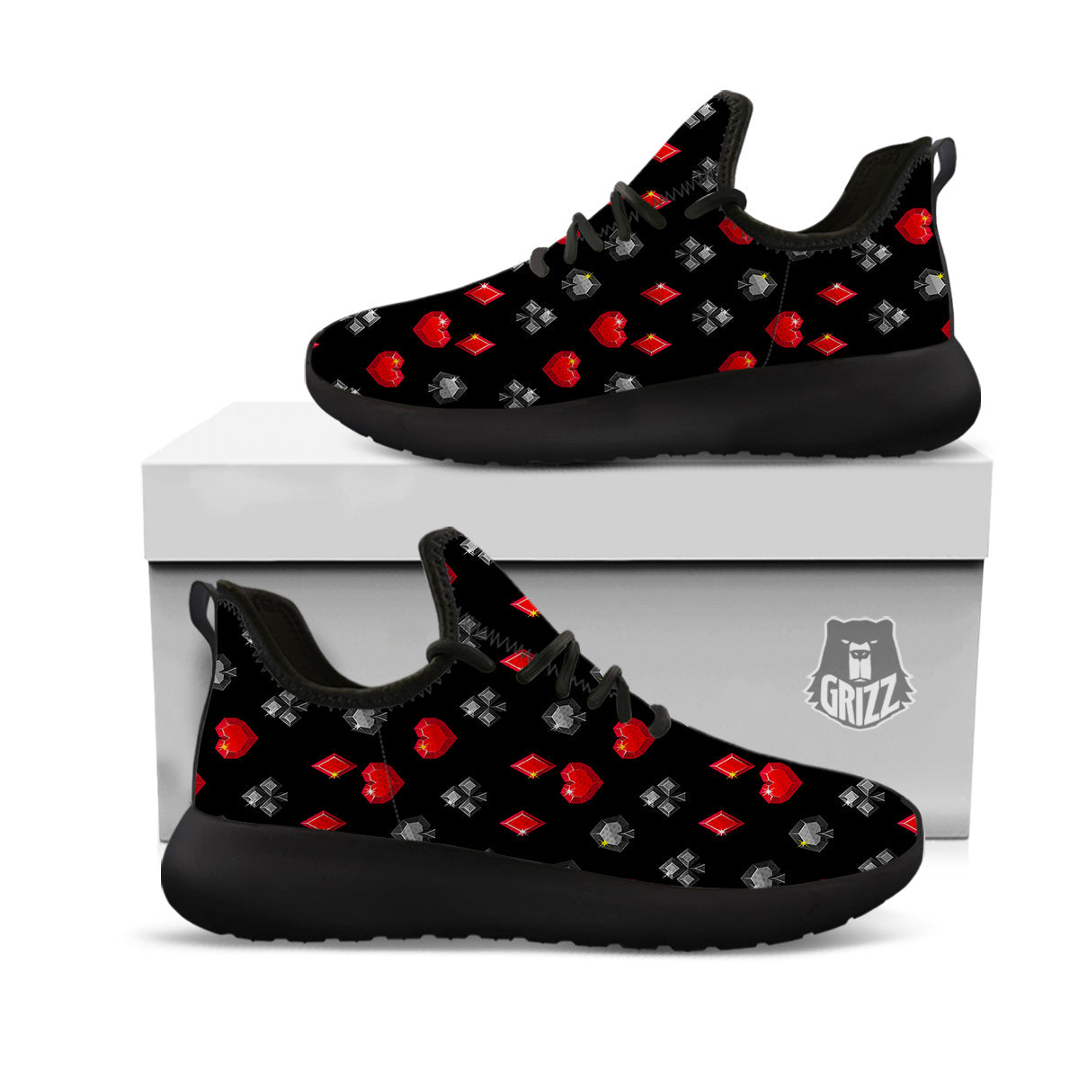 Casino Card Suits Red Black Print Pattern Black Athletic Shoes-grizzshop