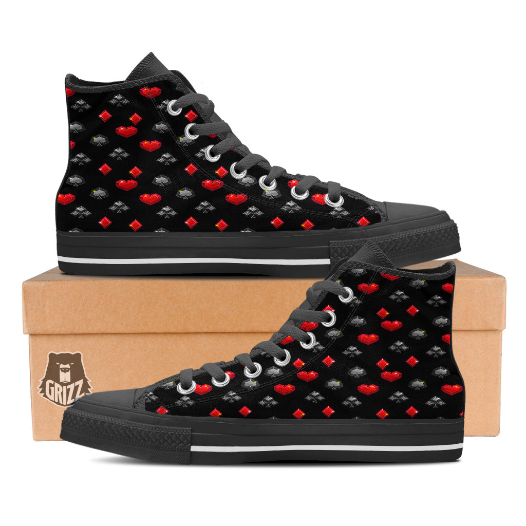 Casino Card Suits Red Black Print Pattern Black High Top Shoes-grizzshop