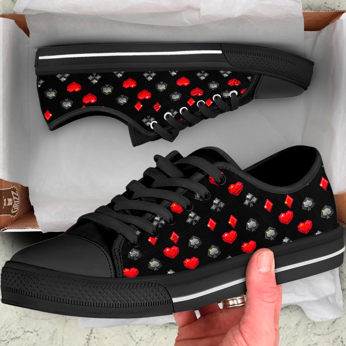 Casino Card Suits Red Black Print Pattern Black Low Top Shoes-grizzshop
