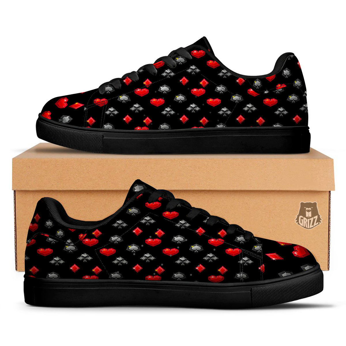 Casino Card Suits Red Black Print Pattern Black Low Top Sneakers-grizzshop
