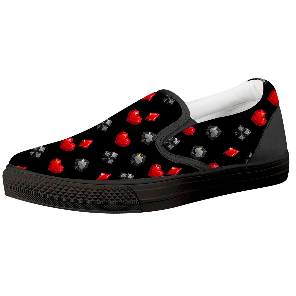 Casino Card Suits Red Black Print Pattern Black Slip On Shoes-grizzshop