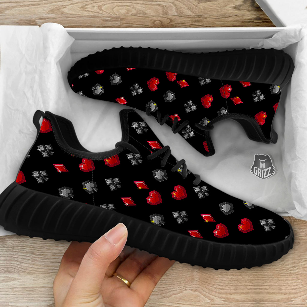 Casino Card Suits Red Black Print Pattern Black Walking Shoes-grizzshop