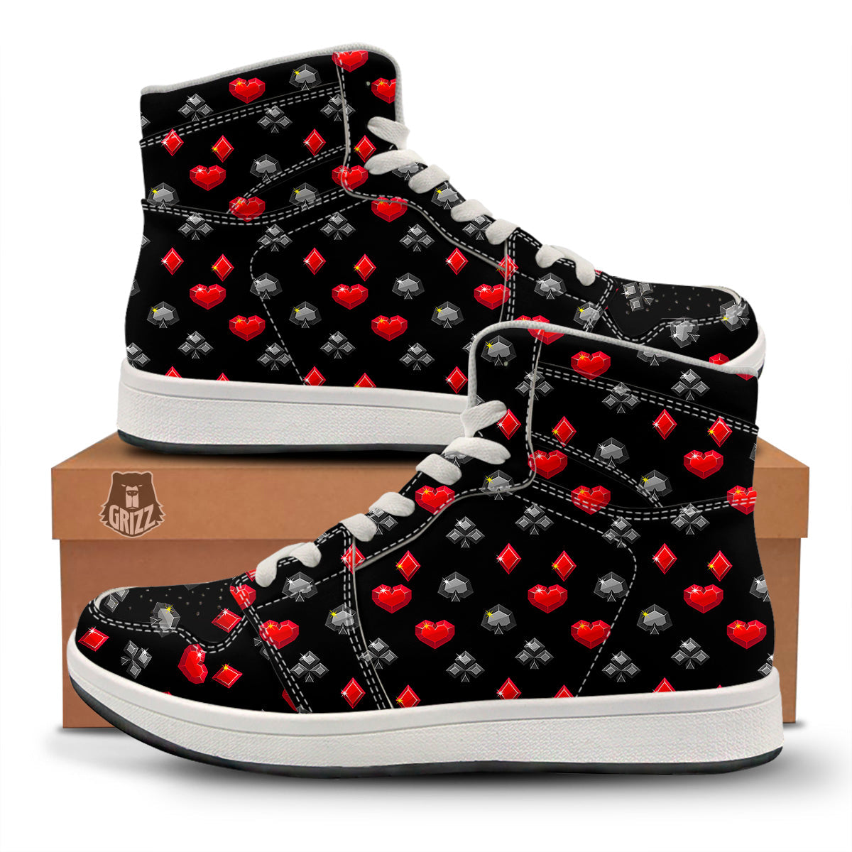 Casino Card Suits Red Black Print Pattern High Top Sneakers-grizzshop