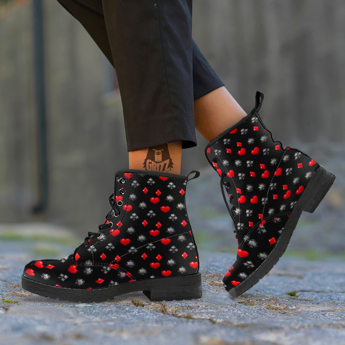 Casino Card Suits Red Black Print Pattern Leather Boots-grizzshop