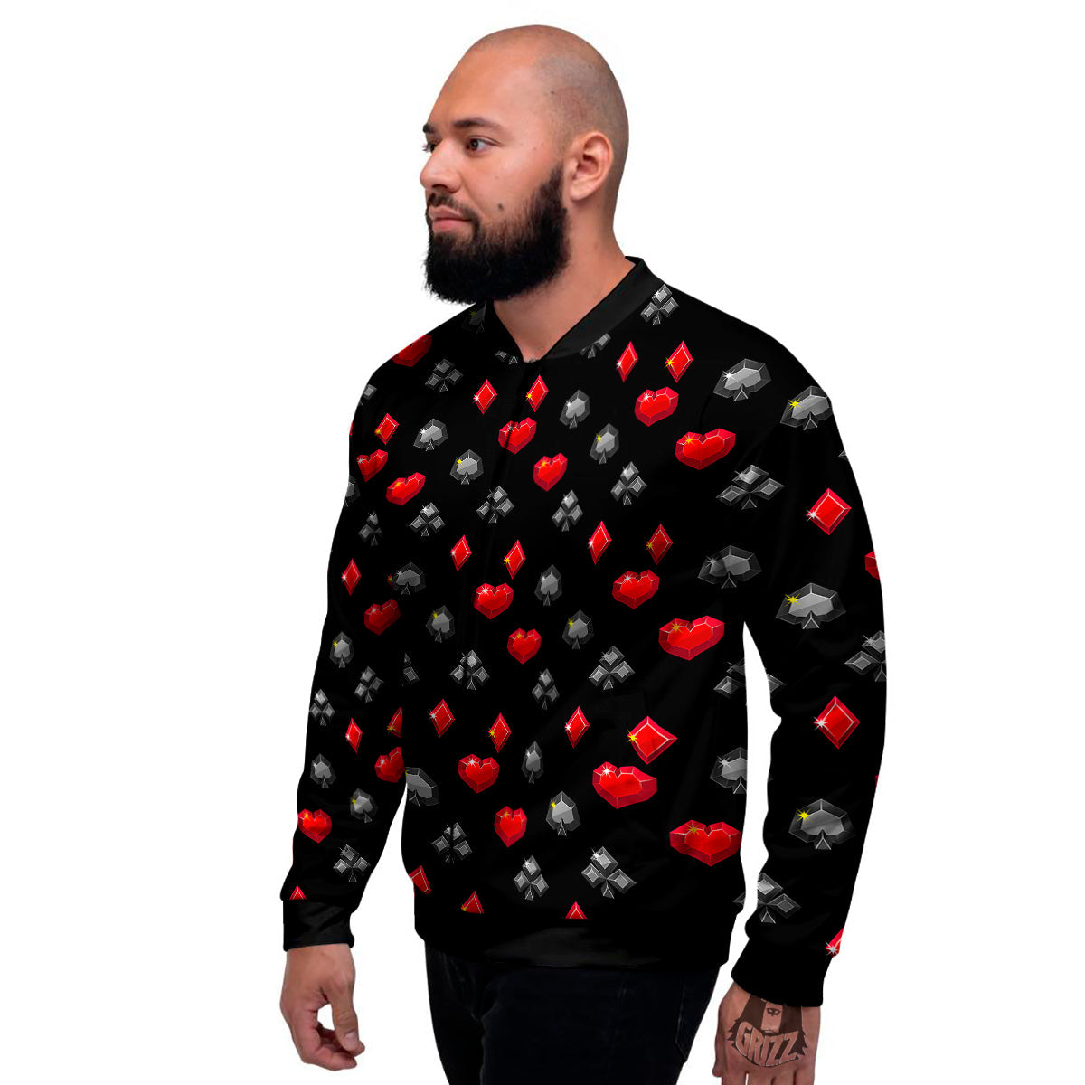 Casino Card Suits Red Black Print Pattern Men's Bomber Jacket-grizzshop